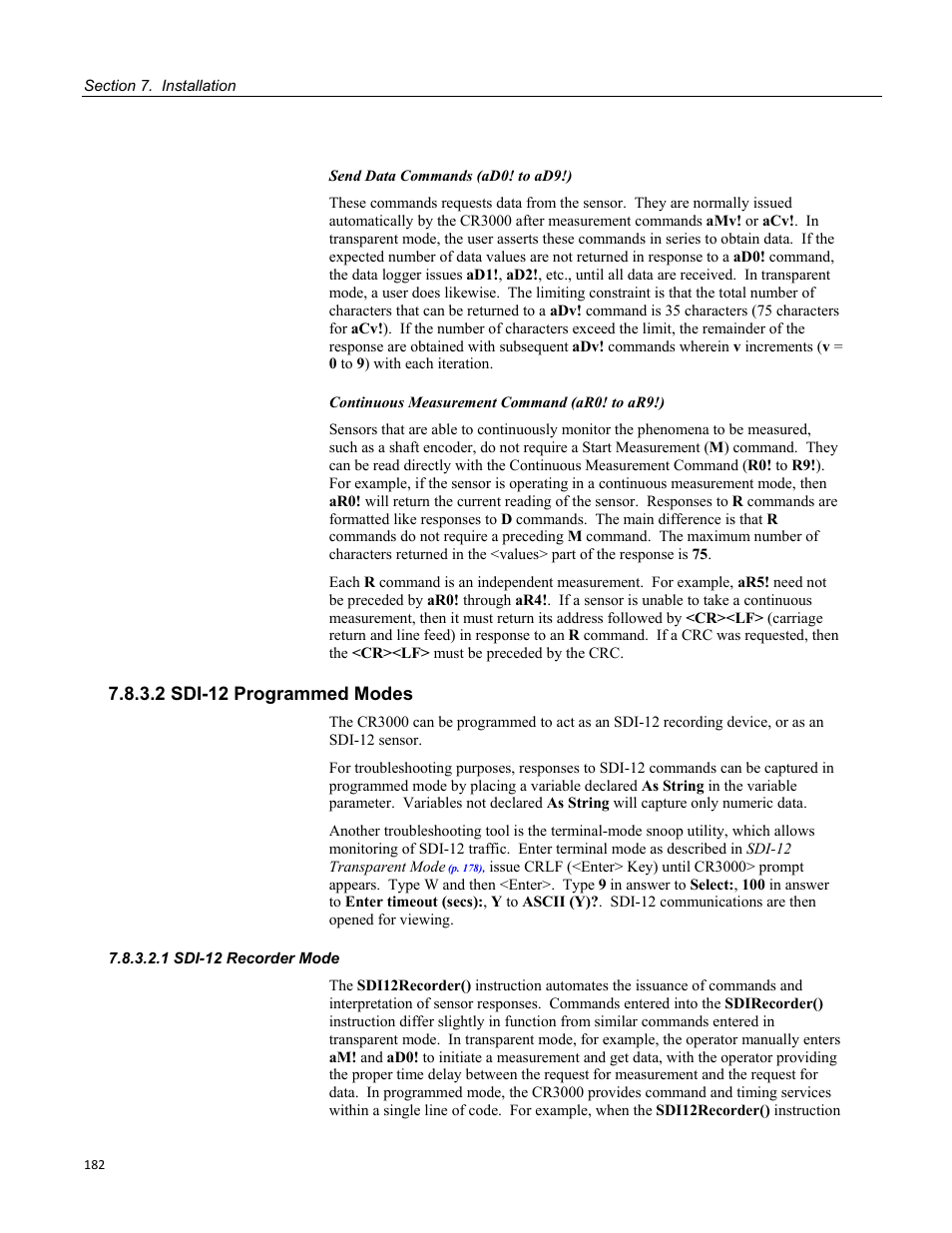 2 sdi-12 programmed modes, 1 sdi-12 recorder mode | Campbell Scientific CR3000 Micrologger User Manual | Page 182 / 590