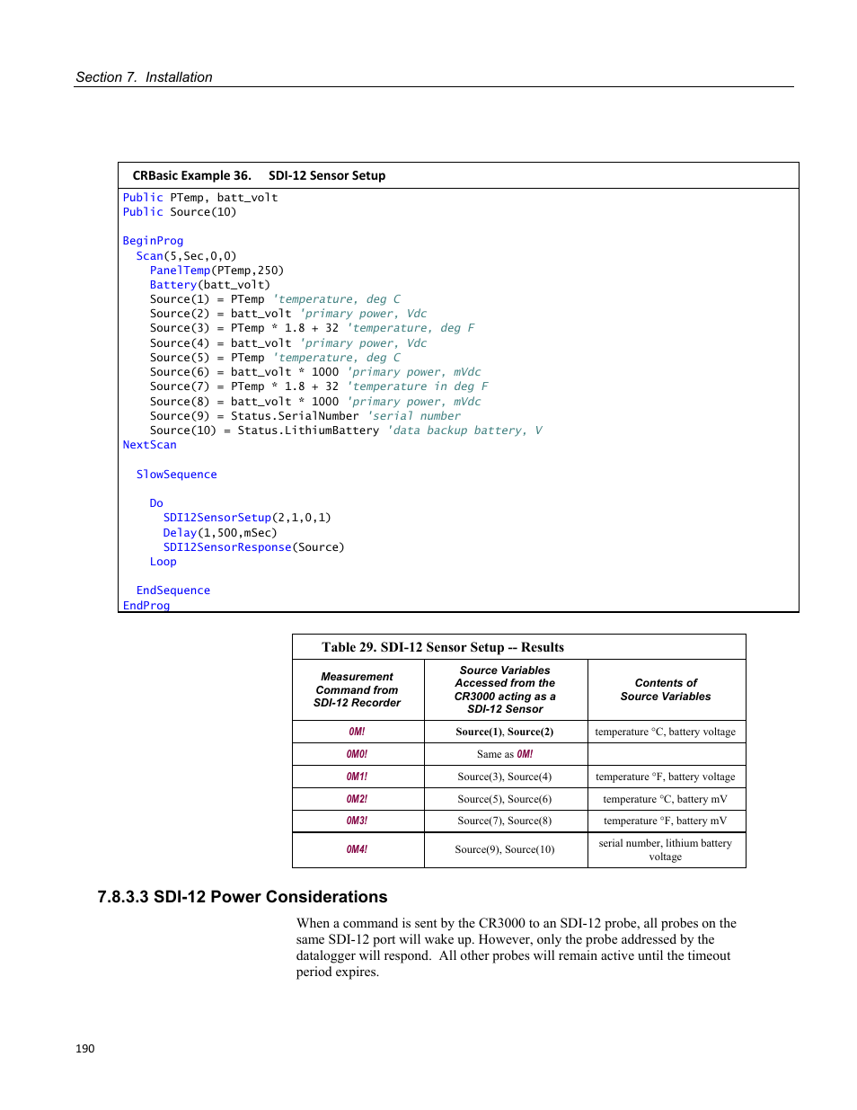 3 sdi-12 power considerations, Table 29. sdi-12 sensor setup -- results, Crbasic example 36. sdi-12 sensor setup | Campbell Scientific CR3000 Micrologger User Manual | Page 190 / 590