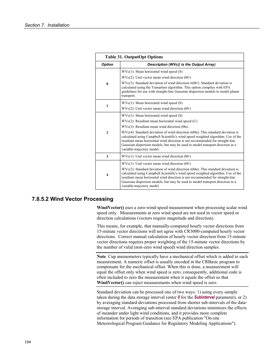 2 wind vector processing, Table 31. outputopt options | Campbell Scientific CR3000 Micrologger User Manual | Page 194 / 590