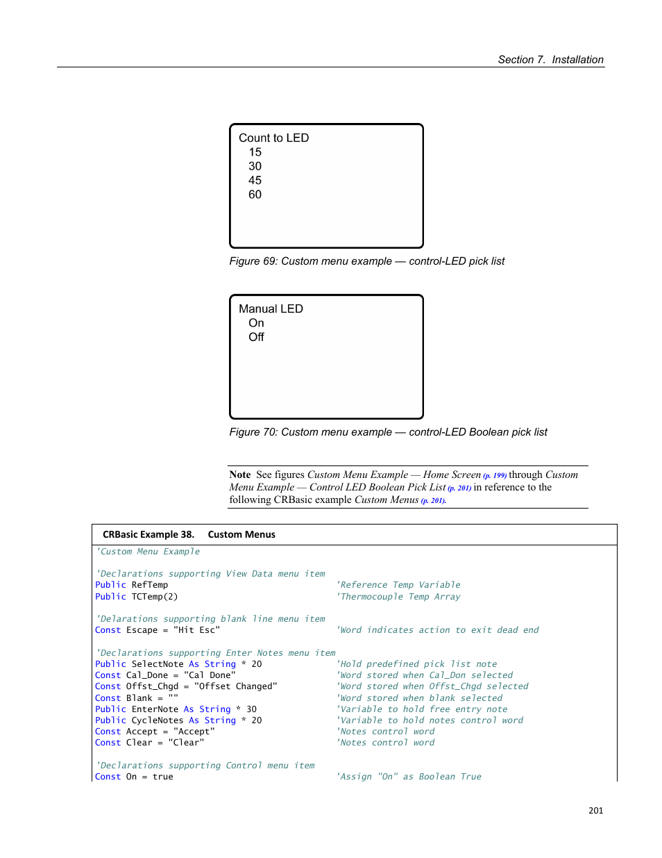 Crbasic example 38. custom menus | Campbell Scientific CR3000 Micrologger User Manual | Page 201 / 590