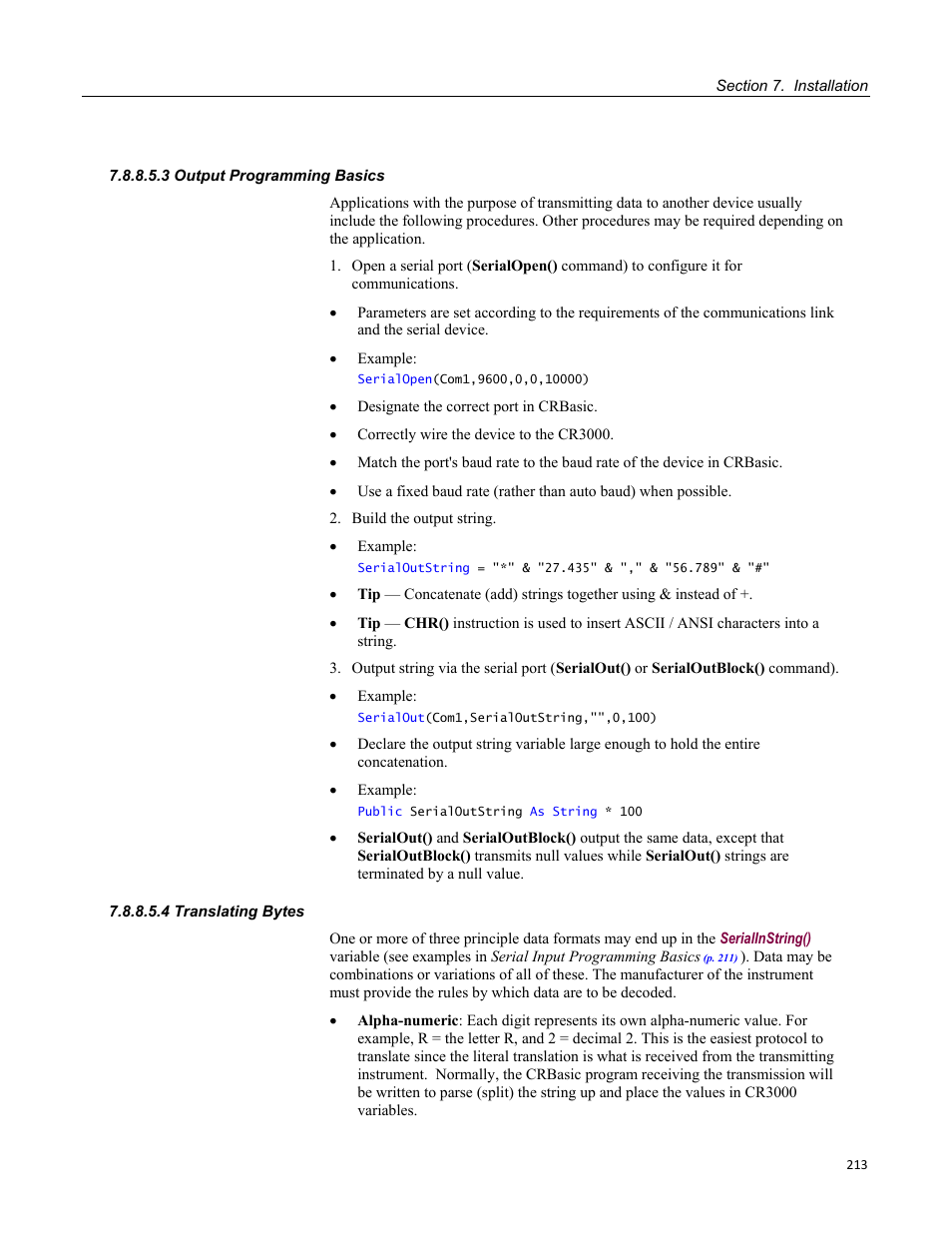 3 output programming basics, 4 translating bytes | Campbell Scientific CR3000 Micrologger User Manual | Page 213 / 590