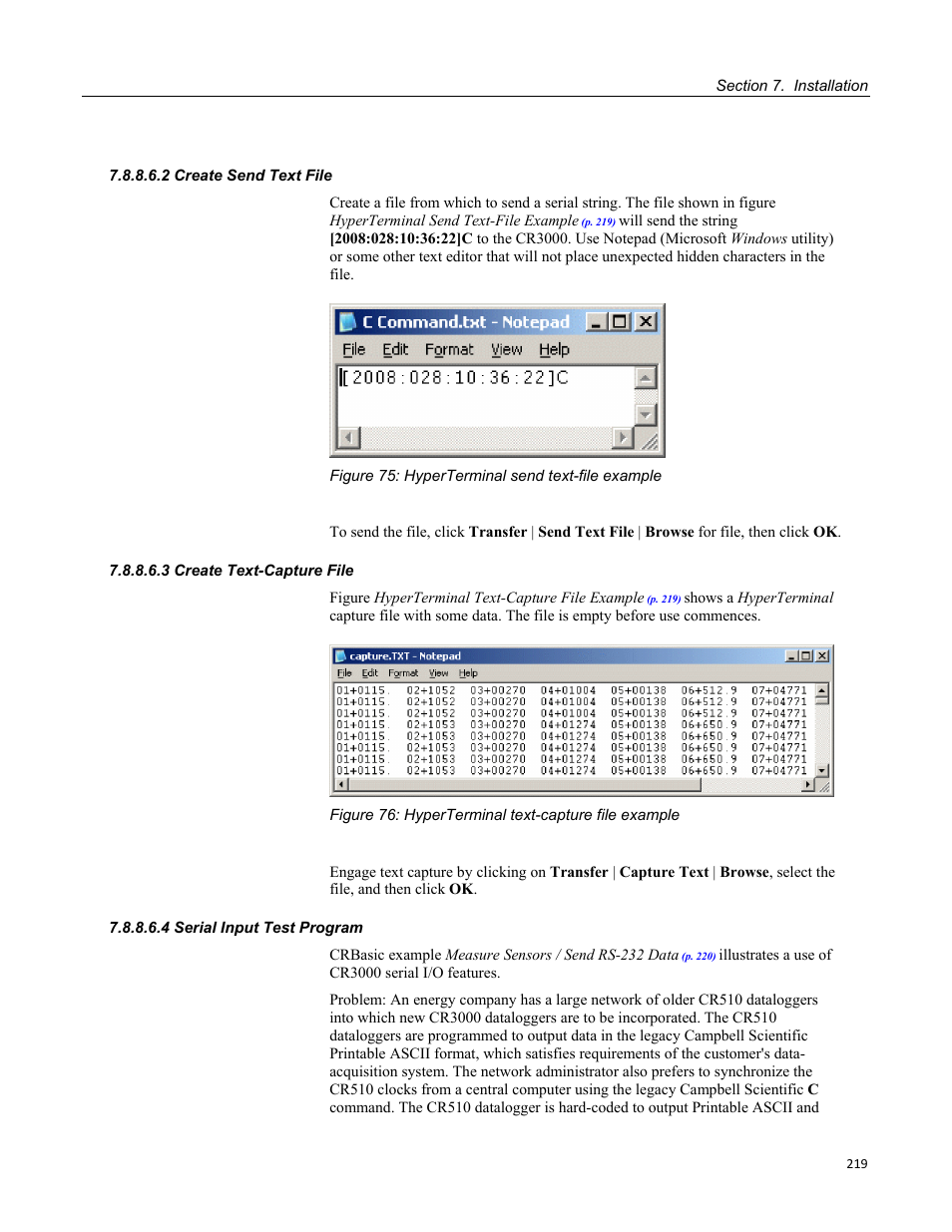 2 create send text file, 3 create text-capture file, 4 serial input test program | Campbell Scientific CR3000 Micrologger User Manual | Page 219 / 590