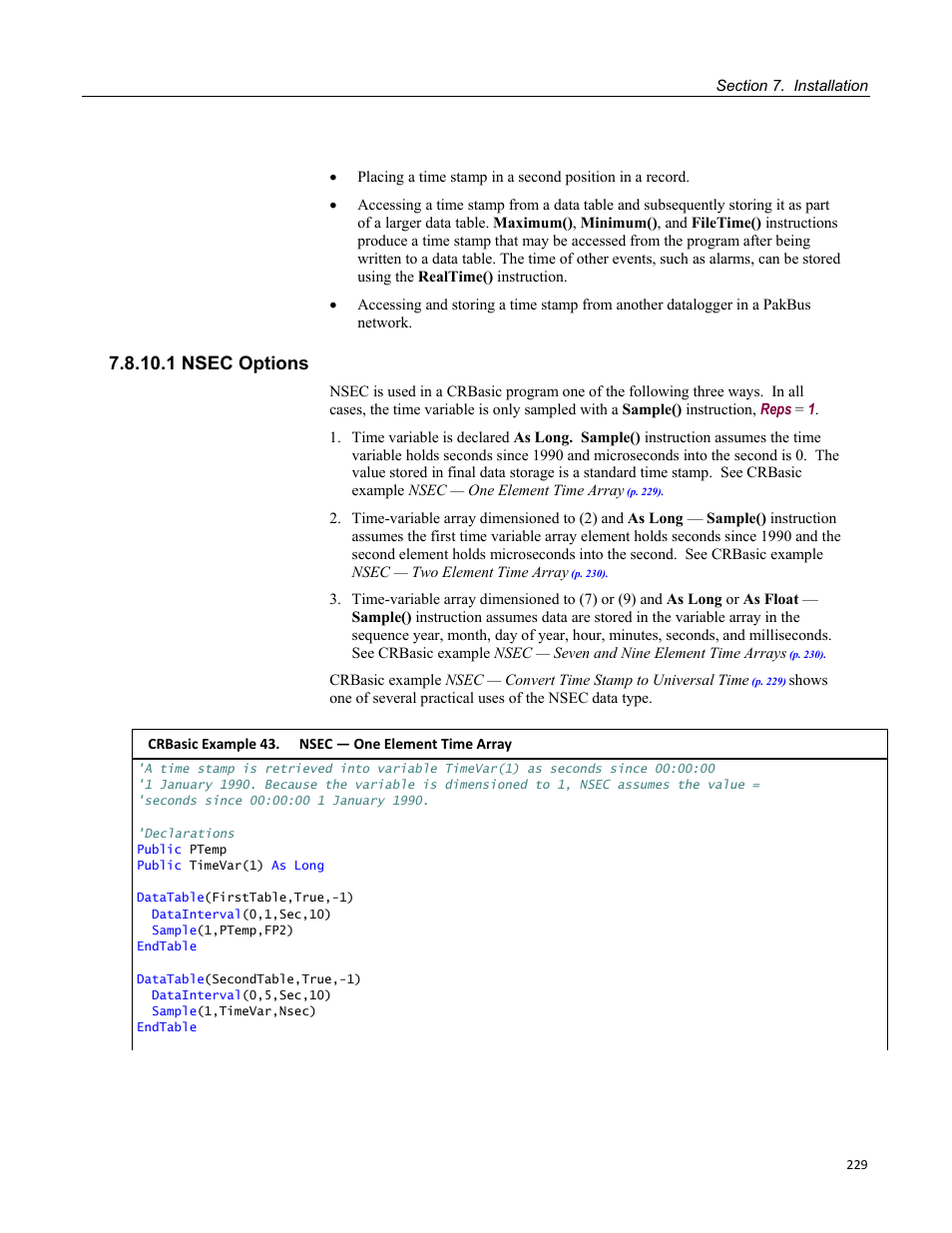 1 nsec options, Crbasic example 43. nsec — one element time array | Campbell Scientific CR3000 Micrologger User Manual | Page 229 / 590