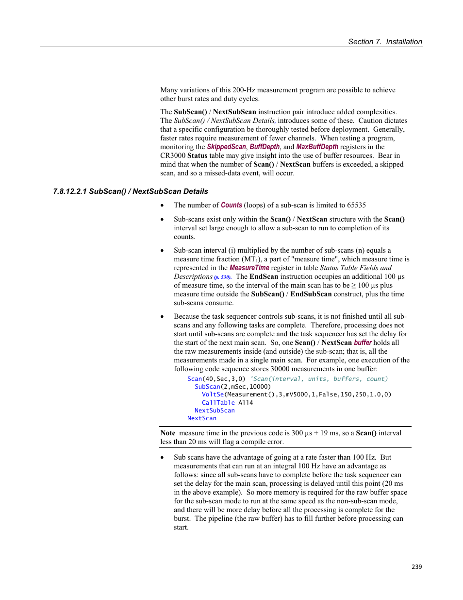 1 subscan() / nextsubscan details | Campbell Scientific CR3000 Micrologger User Manual | Page 239 / 590