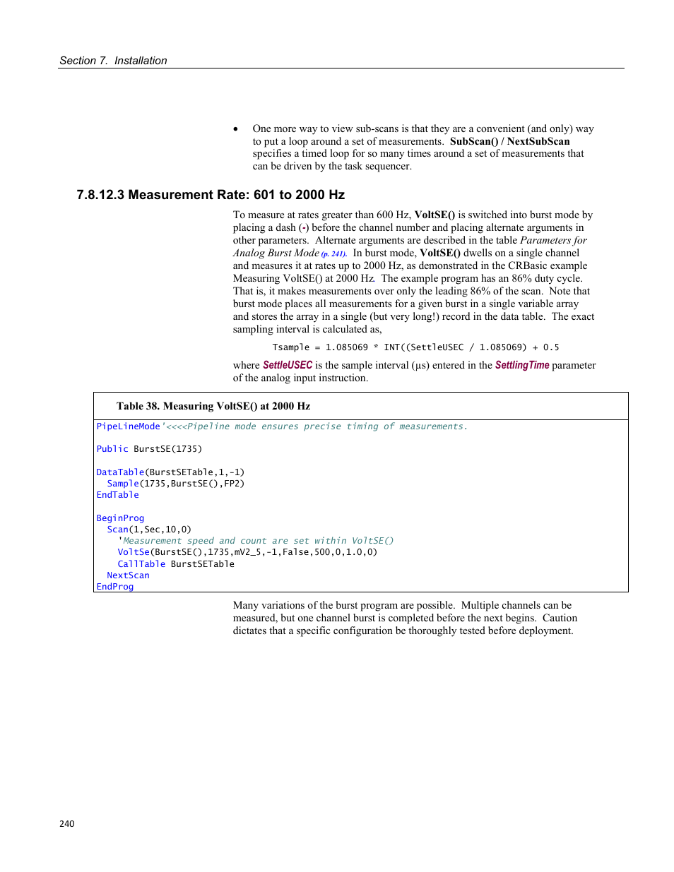 3 measurement rate: 601 to 2000 hz, Table 38. measuring voltse() at 2000 hz | Campbell Scientific CR3000 Micrologger User Manual | Page 240 / 590