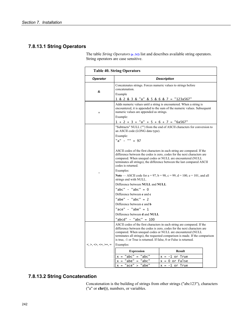 1 string operators, 2 string concatenation, Table 40. string operators | Campbell Scientific CR3000 Micrologger User Manual | Page 242 / 590