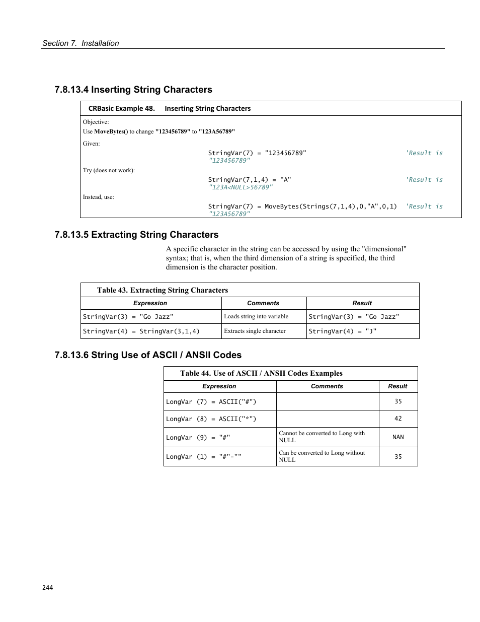 4 inserting string characters, 5 extracting string characters, 6 string use of ascii / ansii codes | Crbasic example 48. inserting string characters | Campbell Scientific CR3000 Micrologger User Manual | Page 244 / 590