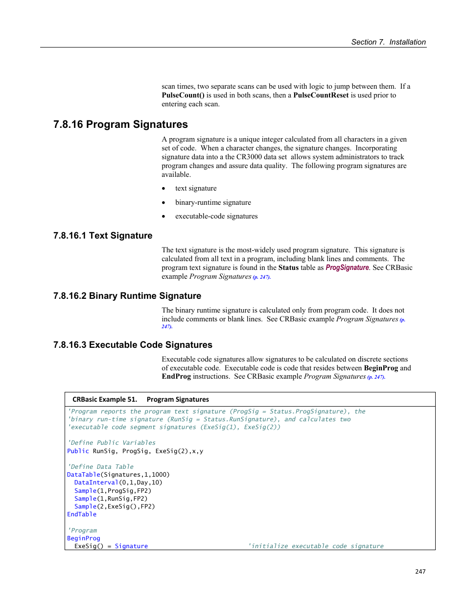 16 program signatures, 1 text signature, 2 binary runtime signature | 3 executable code signatures, Crbasic example 51. program signatures | Campbell Scientific CR3000 Micrologger User Manual | Page 247 / 590