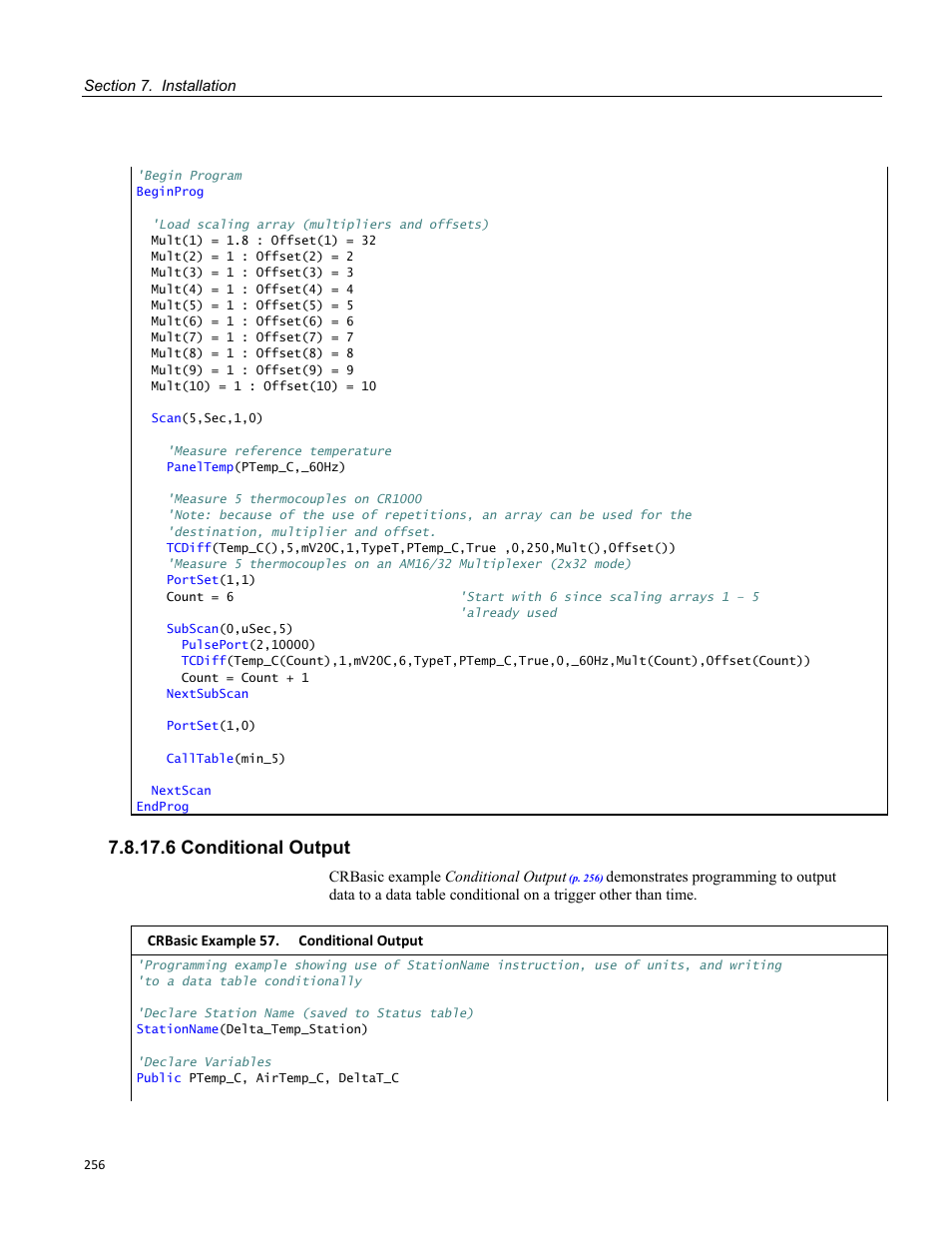 6 conditional output, Crbasic example 57. conditional output | Campbell Scientific CR3000 Micrologger User Manual | Page 256 / 590