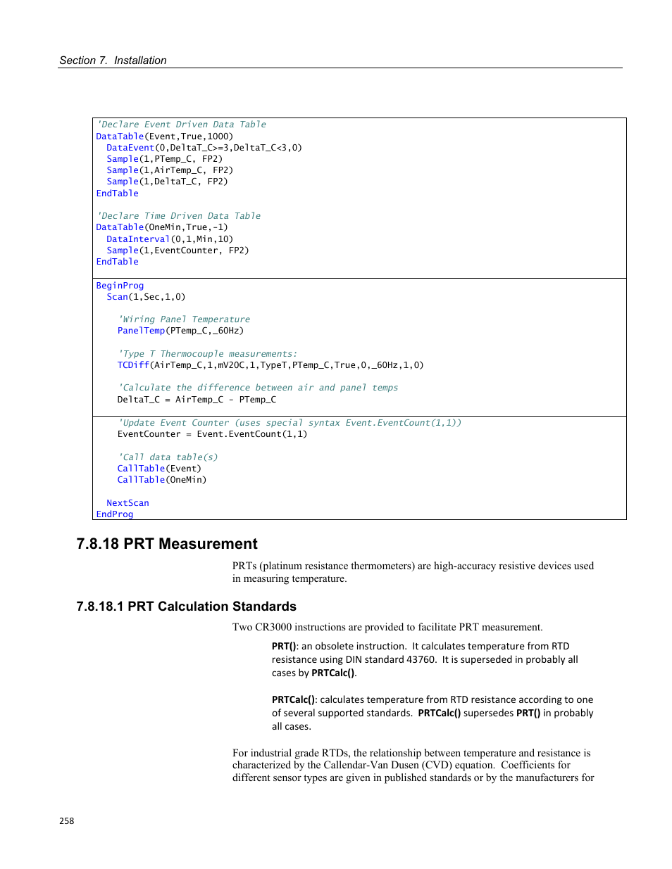 18 prt measurement, 1 prt calculation standards | Campbell Scientific CR3000 Micrologger User Manual | Page 258 / 590