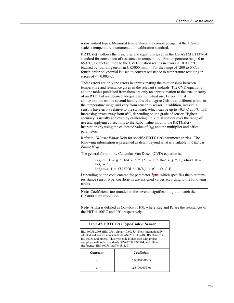 Table 47. prtcalc() type-code-1 sensor | Campbell Scientific CR3000 Micrologger User Manual | Page 259 / 590