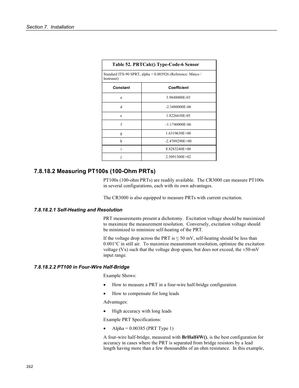 2 measuring pt100s (100-ohm prts), 1 self-heating and resolution, 2 pt100 in four-wire half-bridge | Table 52. prtcalc() type-code-6 sensor | Campbell Scientific CR3000 Micrologger User Manual | Page 262 / 590