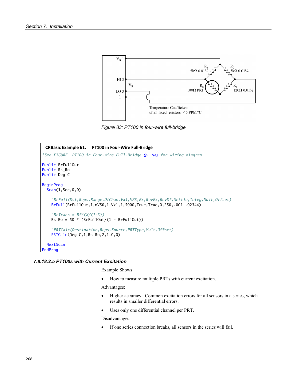 5 pt100s with current excitation, Figure 83: pt100 in four-wire full-bridge, Crbasic example 61. pt100 in four-wire full-bridge | Campbell Scientific CR3000 Micrologger User Manual | Page 268 / 590