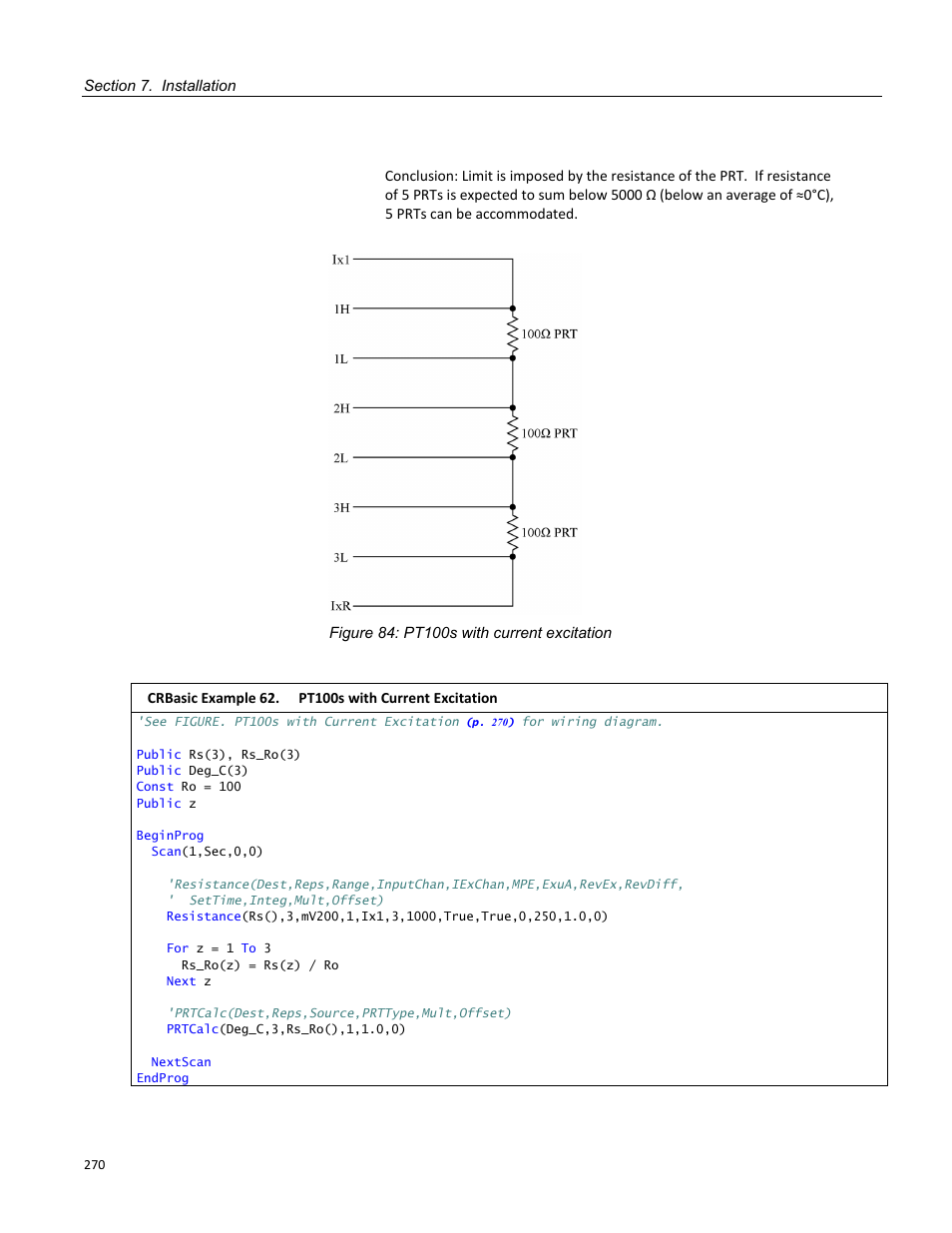Figure 84: pt100s with current excitation, Crbasic example 62. pt100s with current excitation | Campbell Scientific CR3000 Micrologger User Manual | Page 270 / 590