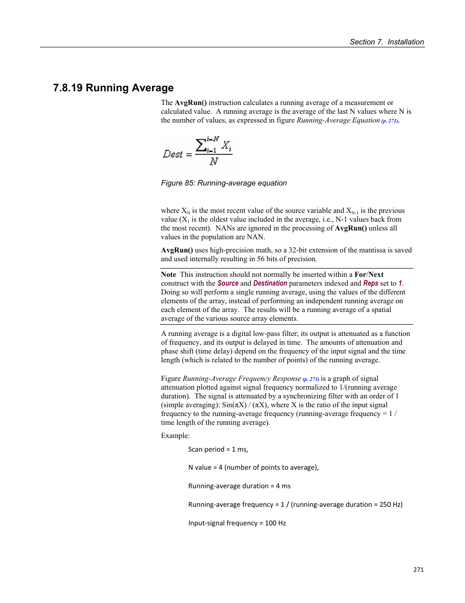 19 running average, Figure 85: running-average equation | Campbell Scientific CR3000 Micrologger User Manual | Page 271 / 590