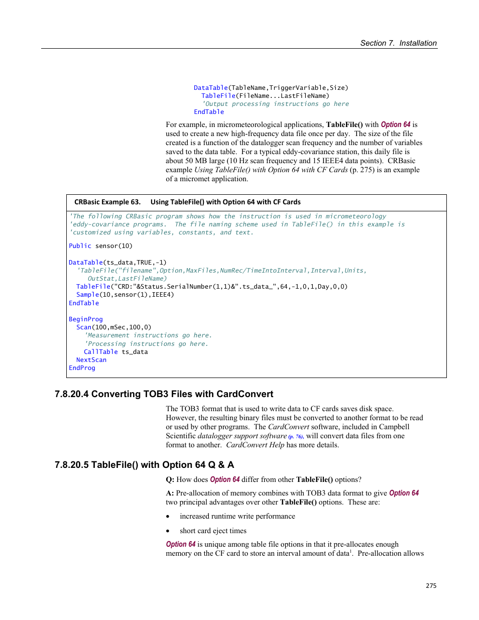 4 converting tob3 files with cardconvert, 5 tablefile() with option 64 q & a | Campbell Scientific CR3000 Micrologger User Manual | Page 275 / 590