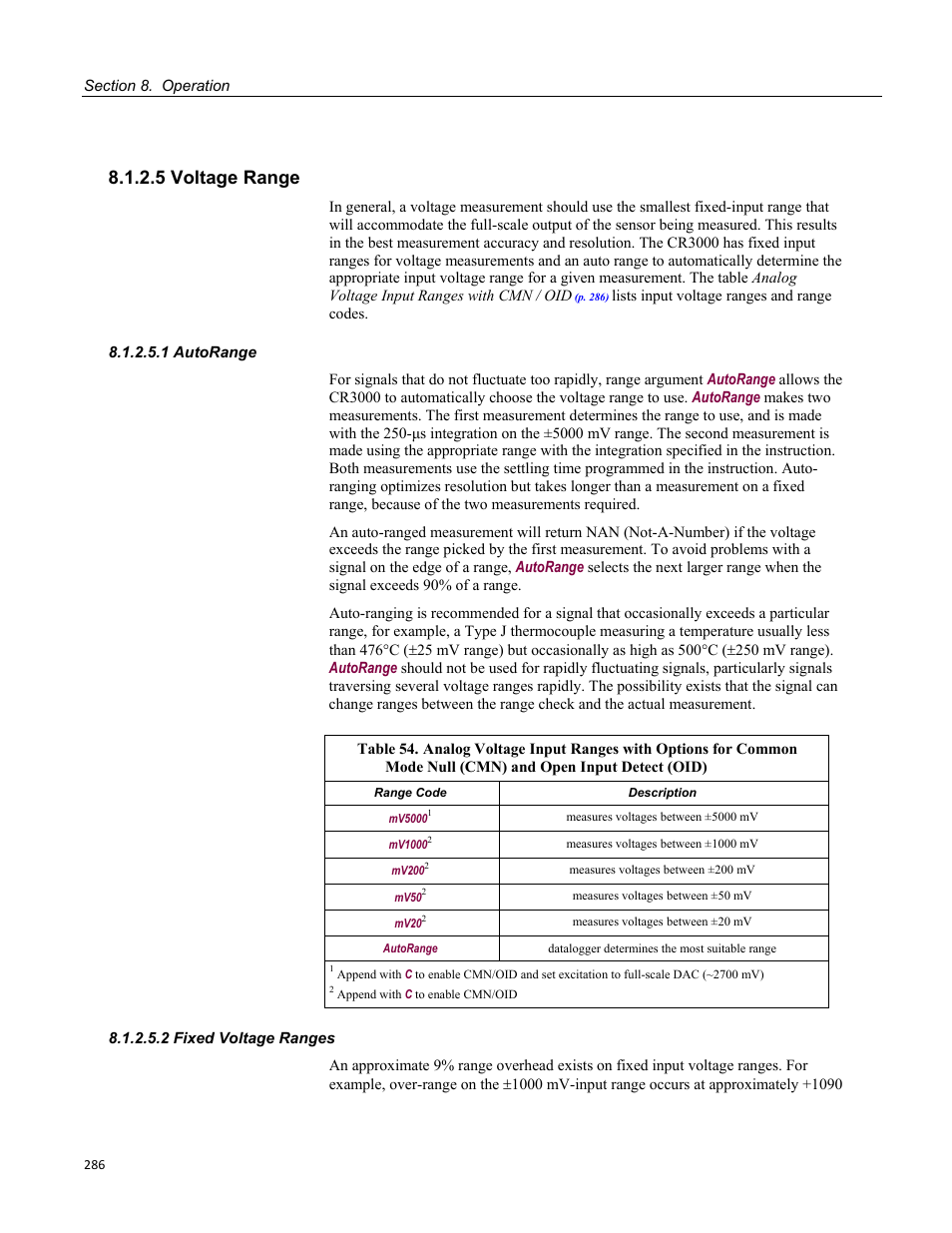 5 voltage range, 1 autorange, 2 fixed voltage ranges | Mode null (cmn) and open input detect (oid) | Campbell Scientific CR3000 Micrologger User Manual | Page 286 / 590