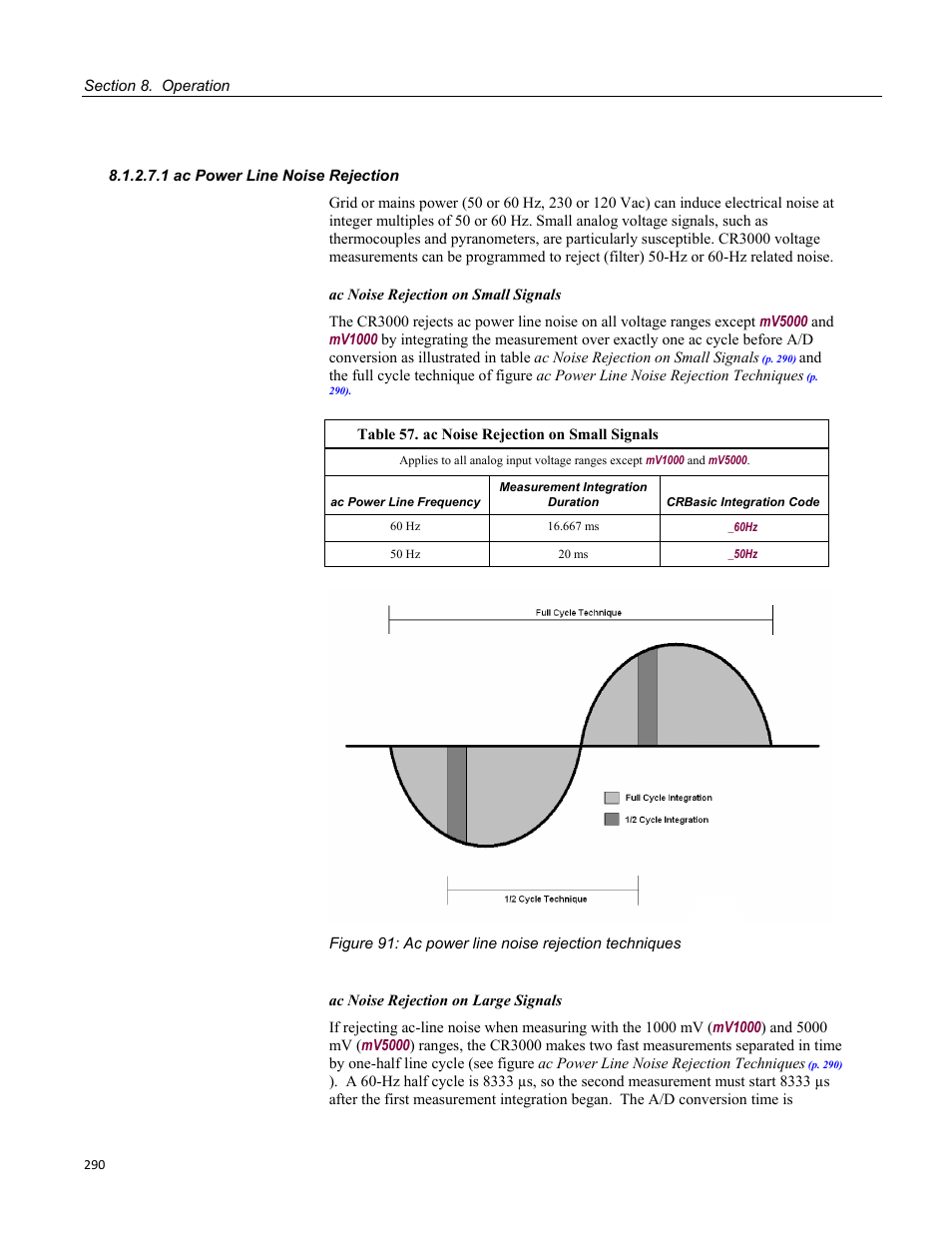 1 ac power line noise rejection, Table 57. ac noise rejection on small signals | Campbell Scientific CR3000 Micrologger User Manual | Page 290 / 590