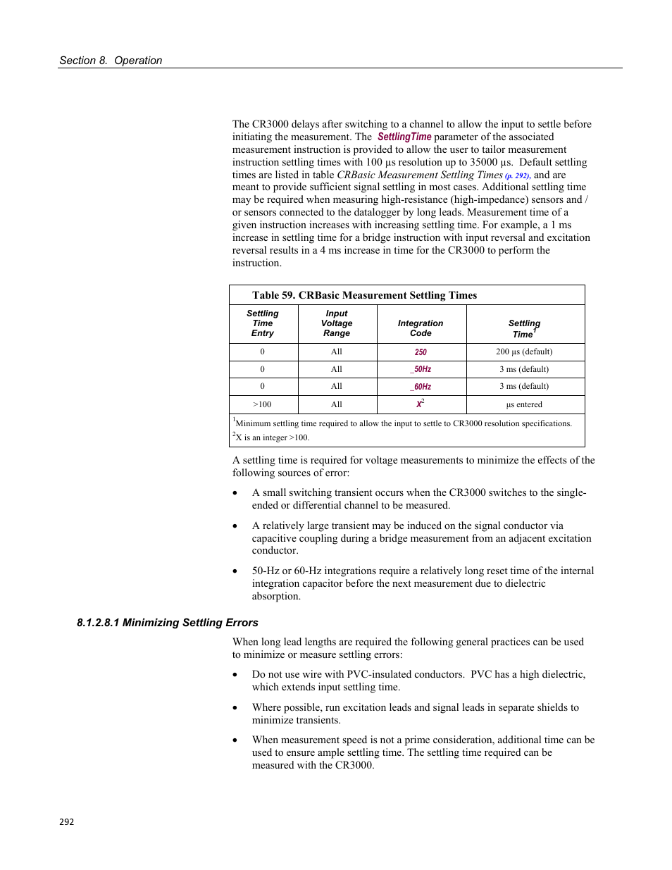 1 minimizing settling errors, Table 59. crbasic measurement settling times | Campbell Scientific CR3000 Micrologger User Manual | Page 292 / 590