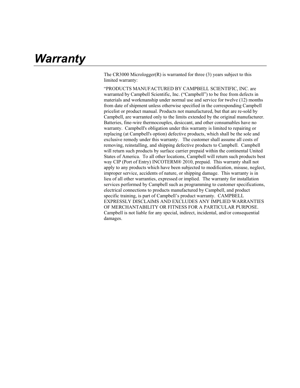 Warranty | Campbell Scientific CR3000 Micrologger User Manual | Page 3 / 590
