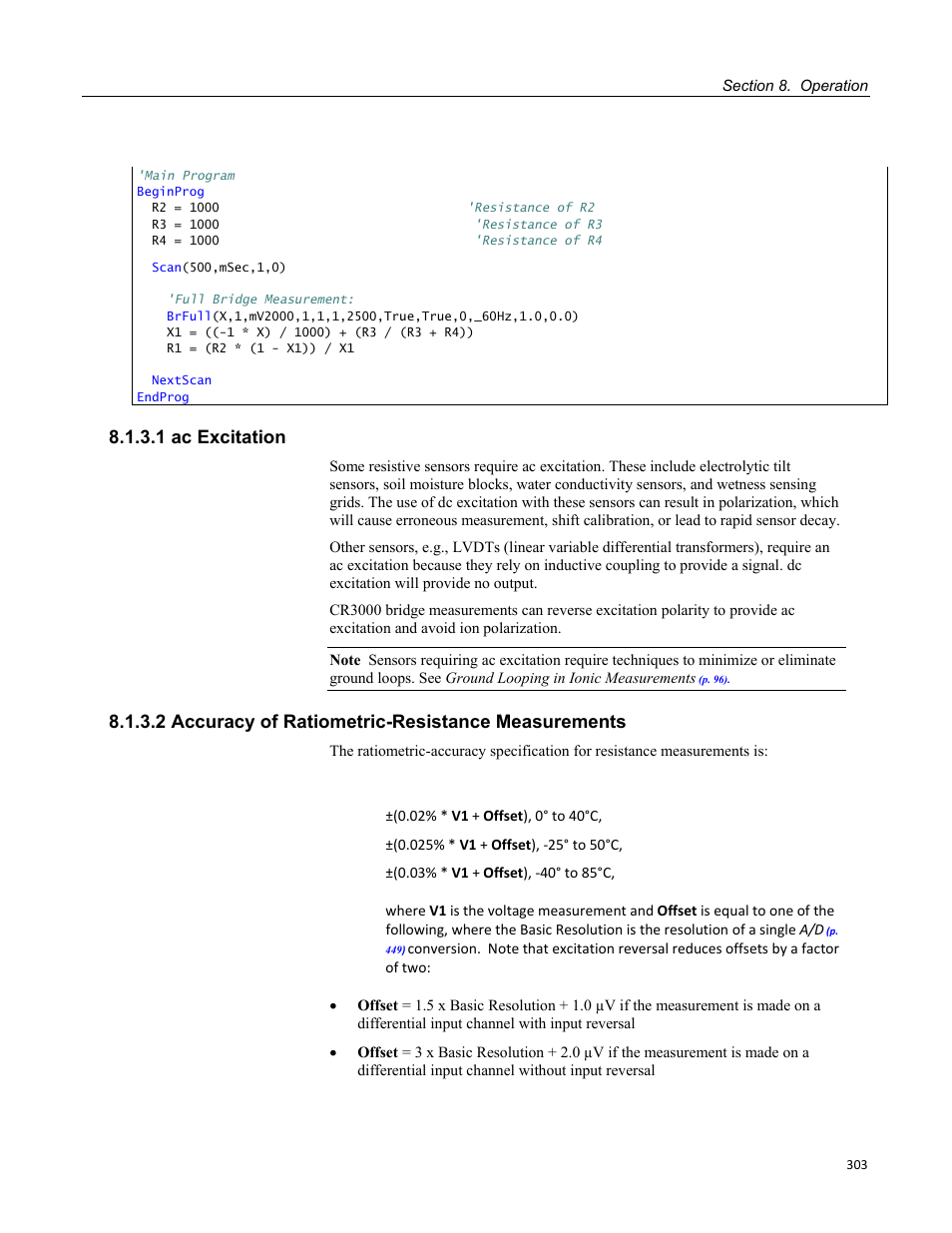 1 ac excitation, 2 accuracy of ratiometric-resistance measurements | Campbell Scientific CR3000 Micrologger User Manual | Page 303 / 590