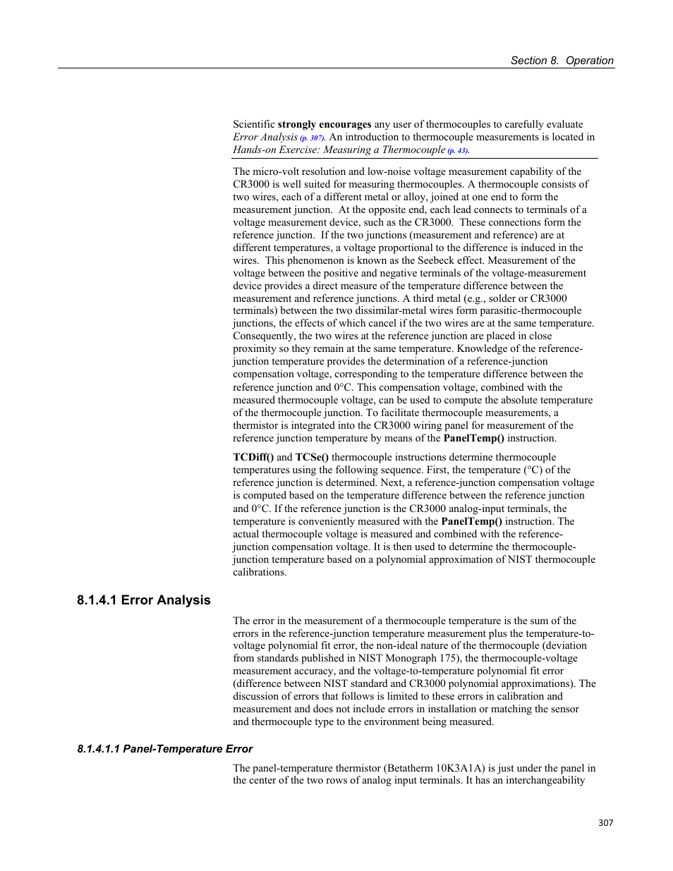 1 error analysis, 1 panel-temperature error | Campbell Scientific CR3000 Micrologger User Manual | Page 307 / 590