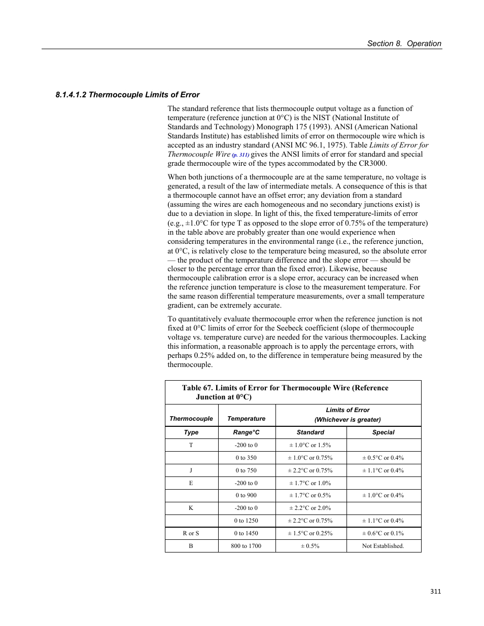 2 thermocouple limits of error, At 0°c) | Campbell Scientific CR3000 Micrologger User Manual | Page 311 / 590