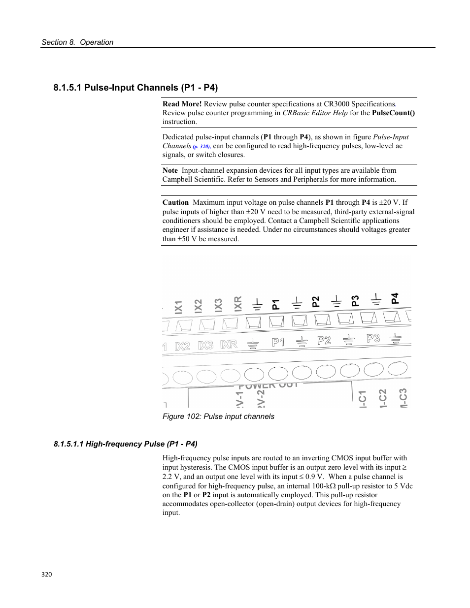 1 pulse-input channels (p1 - p4), 1 high-frequency pulse (p1 - p4), Figure 102: pulse input channels | Campbell Scientific CR3000 Micrologger User Manual | Page 320 / 590