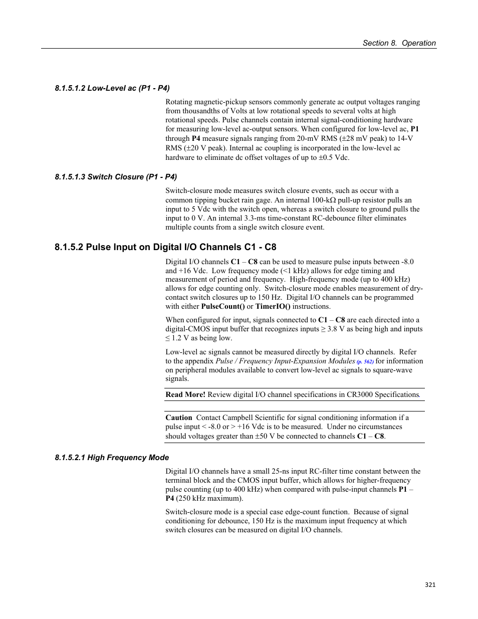 2 low-level ac (p1 - p4), 3 switch closure (p1 - p4), 2 pulse input on digital i/o channels c1 - c8 | 1 high frequency mode | Campbell Scientific CR3000 Micrologger User Manual | Page 321 / 590