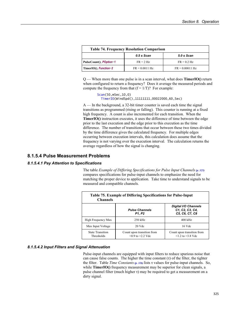 4 pulse measurement problems, 1 pay attention to specifications, 2 input filters and signal attenuation | Campbell Scientific CR3000 Micrologger User Manual | Page 325 / 590