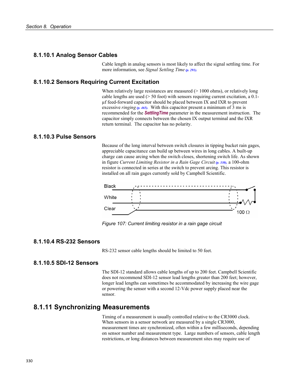1 analog sensor cables, 2 sensors requiring current excitation, 3 pulse sensors | 4 rs-232 sensors, 5 sdi-12 sensors, 11 synchronizing measurements | Campbell Scientific CR3000 Micrologger User Manual | Page 330 / 590