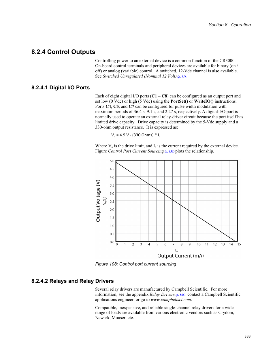 4 control outputs, 1 digital i/o ports, 2 relays and relay drivers | Figure 108: control port current sourcing | Campbell Scientific CR3000 Micrologger User Manual | Page 333 / 590