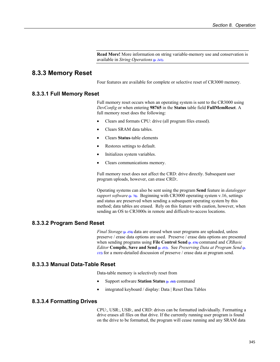 3 memory reset, 1 full memory reset, 2 program send reset | 3 manual data-table reset, 4 formatting drives | Campbell Scientific CR3000 Micrologger User Manual | Page 345 / 590