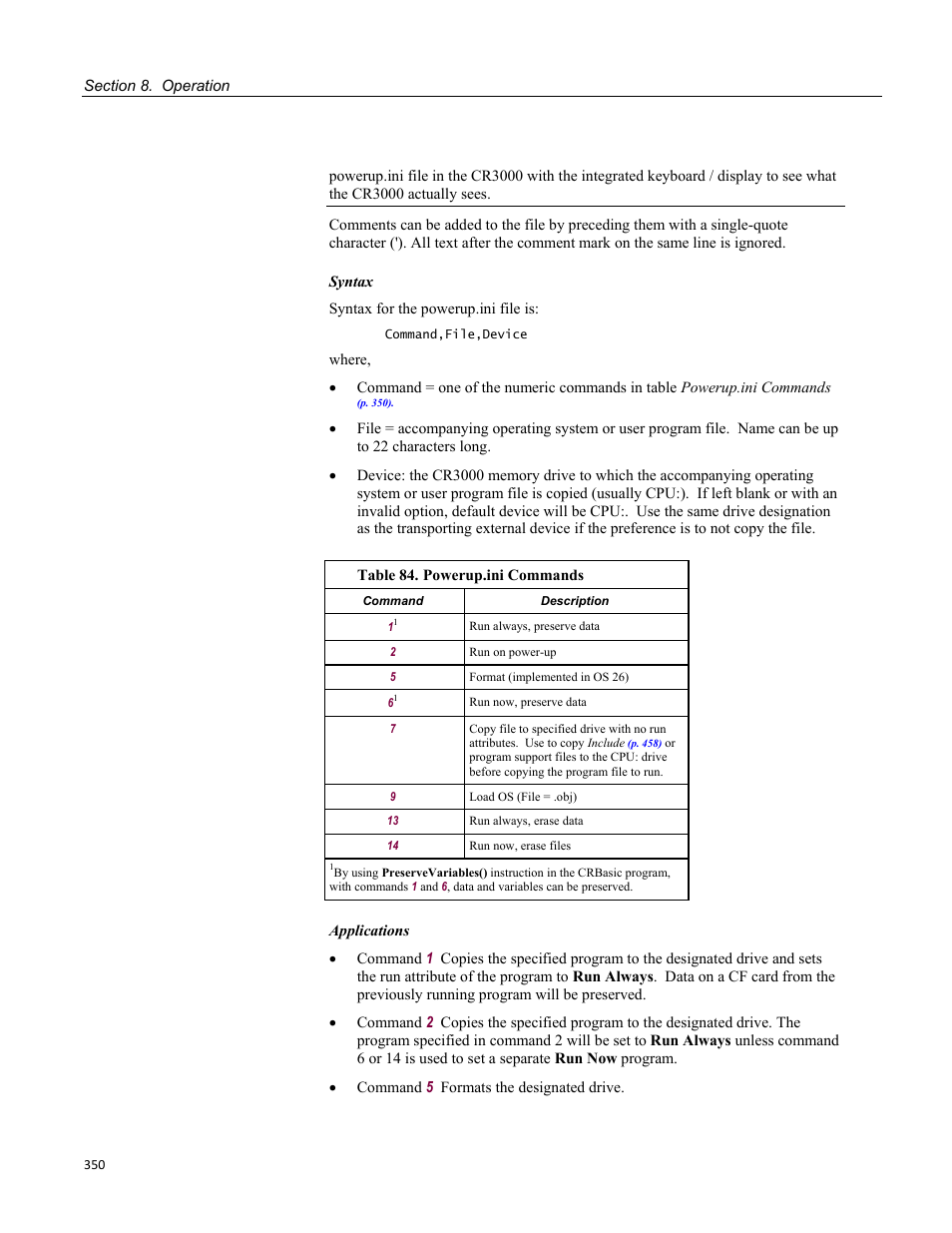 Table 84. powerup.ini commands | Campbell Scientific CR3000 Micrologger User Manual | Page 350 / 590