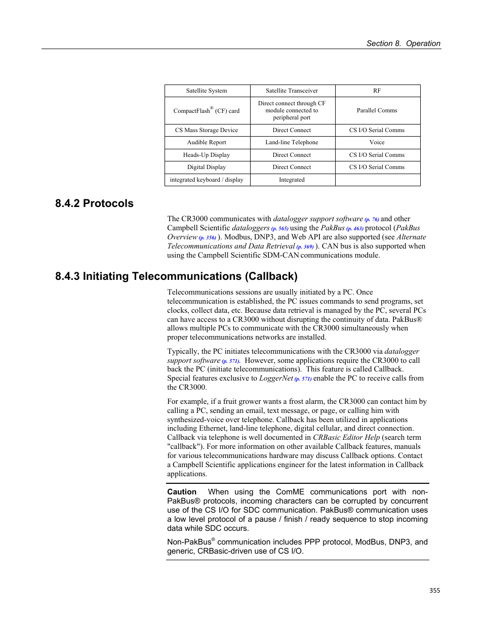 2 protocols, 3 initiating telecommunications (callback) | Campbell Scientific CR3000 Micrologger User Manual | Page 355 / 590