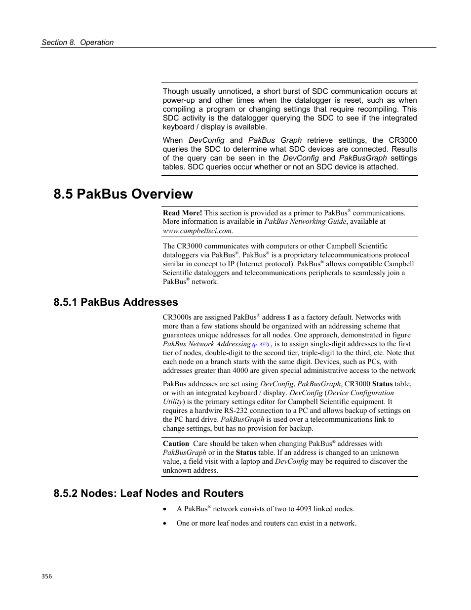 5 pakbus overview, 1 pakbus addresses, 2 nodes: leaf nodes and routers | Campbell Scientific CR3000 Micrologger User Manual | Page 356 / 590