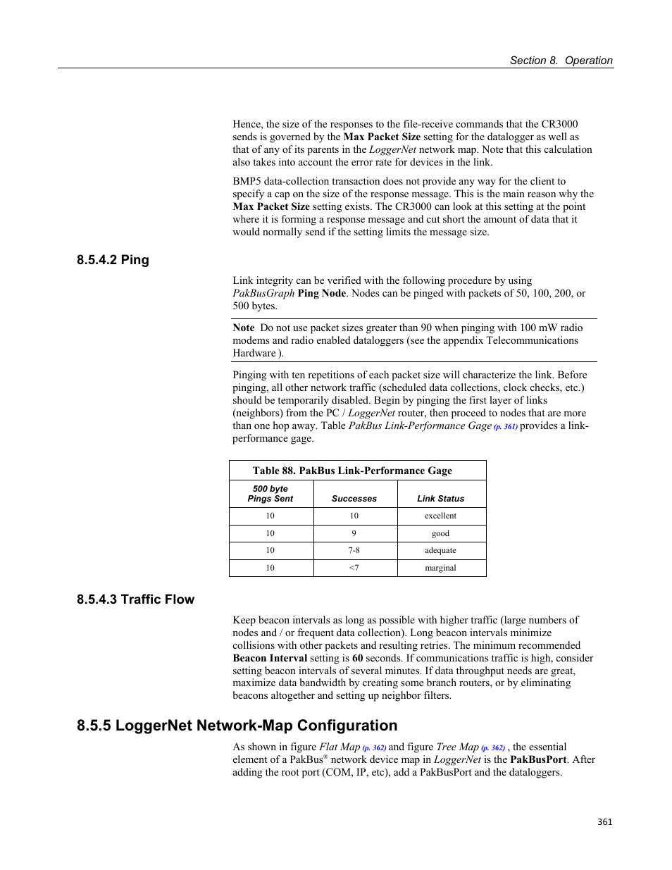 2 ping, 3 traffic flow, 5 loggernet network-map configuration | Table 88. pakbus link-performance gage | Campbell Scientific CR3000 Micrologger User Manual | Page 361 / 590