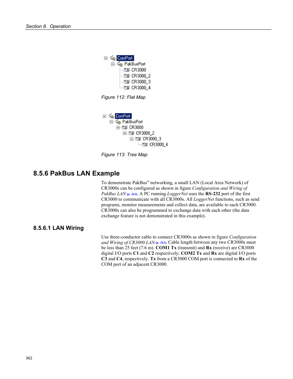 6 pakbus lan example, 1 lan wiring, Figure 112: flat map figure 113: tree map | Campbell Scientific CR3000 Micrologger User Manual | Page 362 / 590