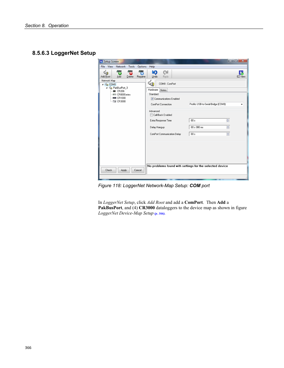 3 loggernet setup, Figure 118: loggernet network-map setup: com port | Campbell Scientific CR3000 Micrologger User Manual | Page 366 / 590