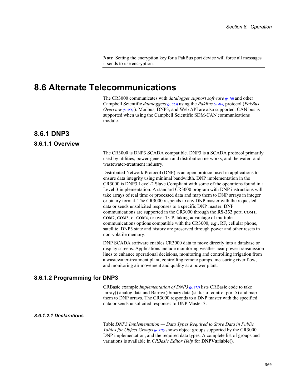 6 alternate telecommunications, 1 dnp3, 1 overview | 2 programming for dnp3, 1 declarations | Campbell Scientific CR3000 Micrologger User Manual | Page 369 / 590