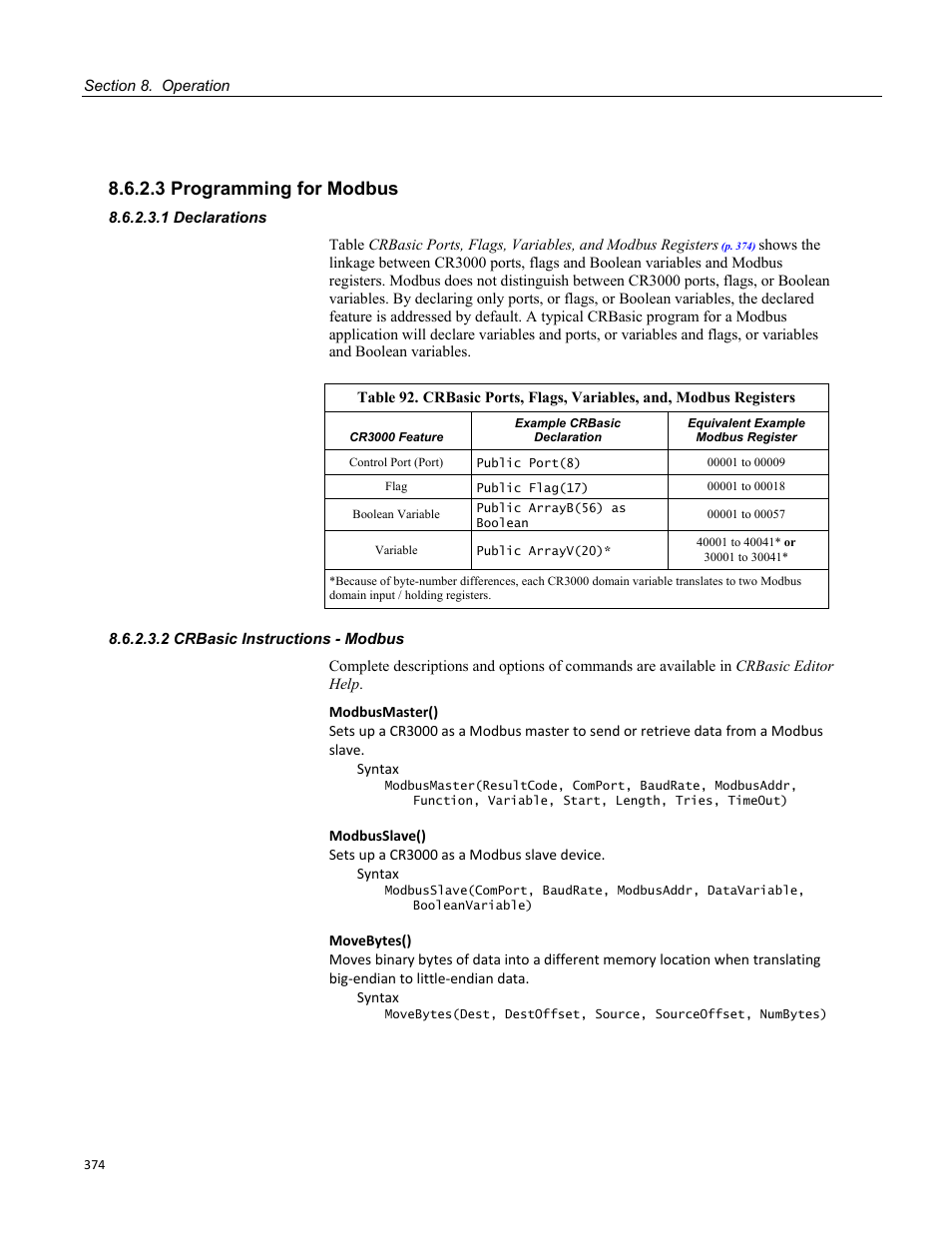 3 programming for modbus, 1 declarations, 2 crbasic instructions - modbus | Campbell Scientific CR3000 Micrologger User Manual | Page 374 / 590