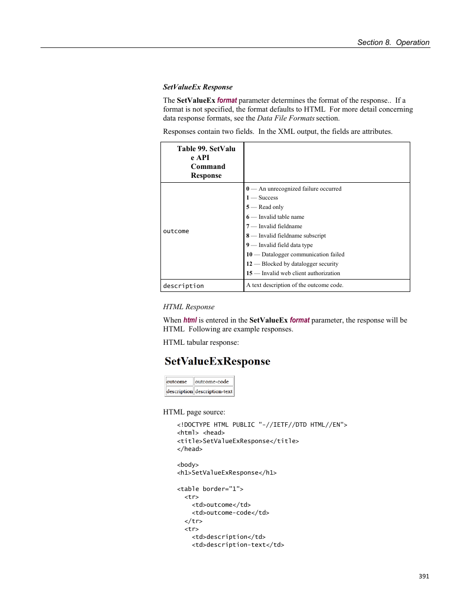Table 99. setvalue api command response | Campbell Scientific CR3000 Micrologger User Manual | Page 391 / 590