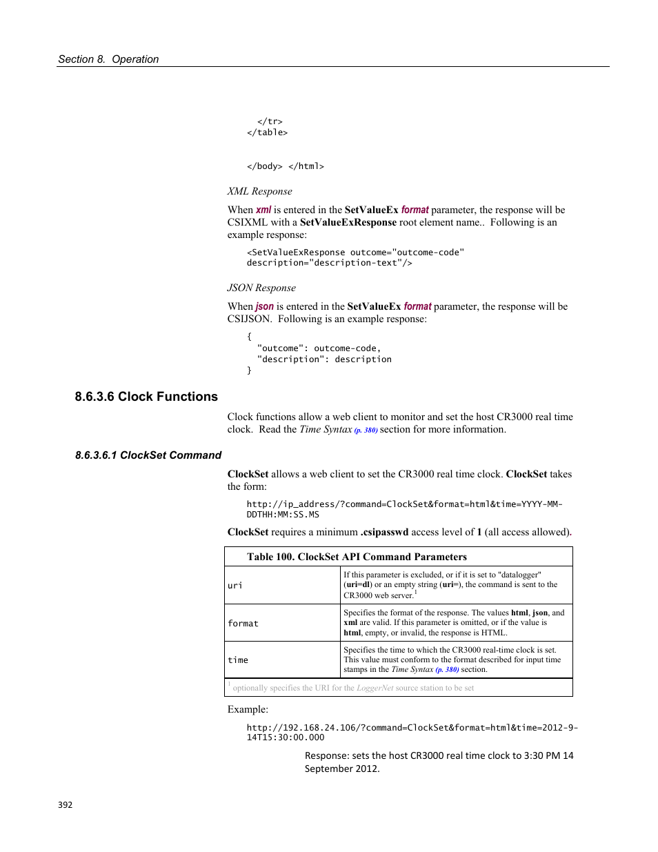 6 clock functions, 1 clockset command, Table 100. clockset api command parameters | Campbell Scientific CR3000 Micrologger User Manual | Page 392 / 590