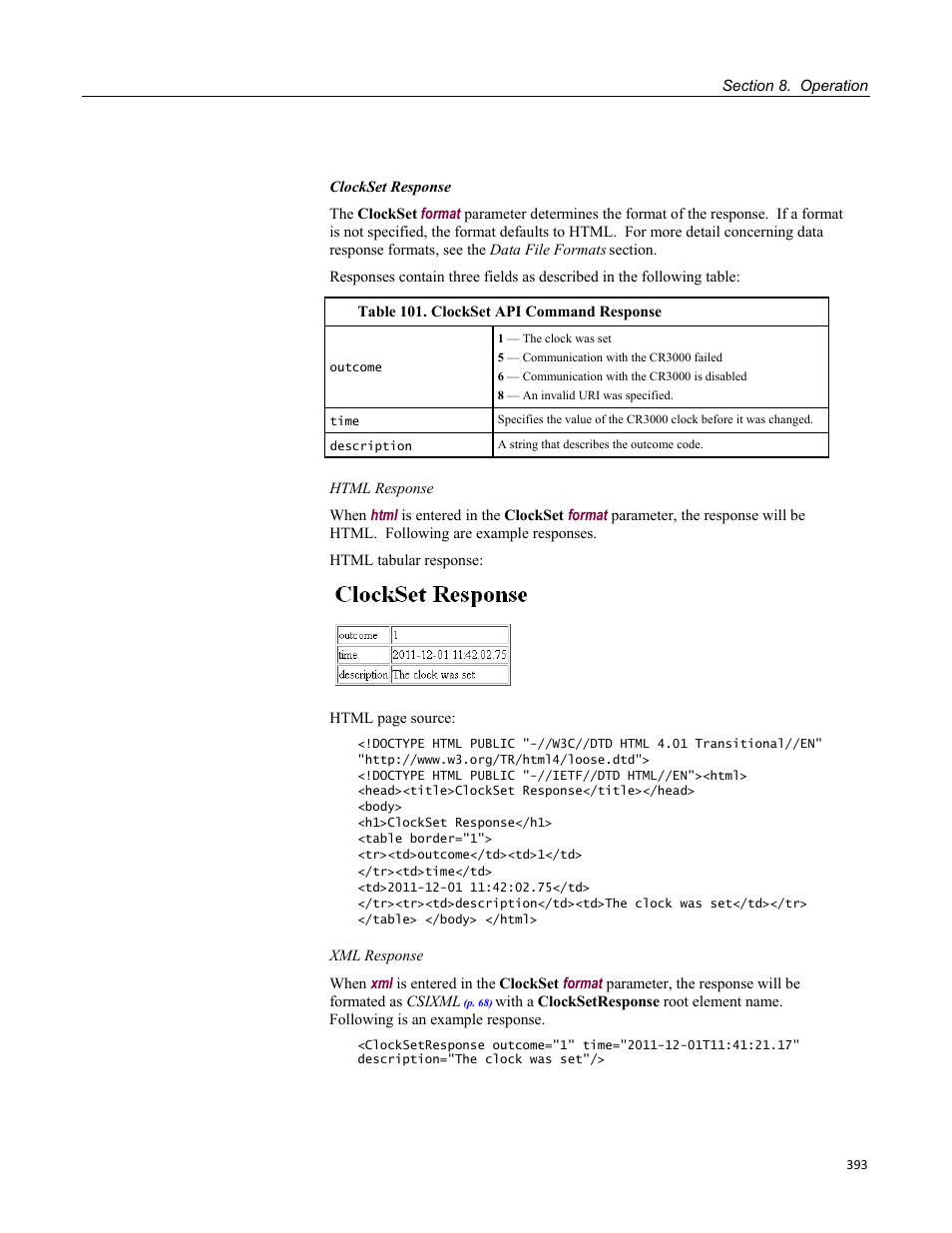 Table 101. clockset api command response | Campbell Scientific CR3000 Micrologger User Manual | Page 393 / 590