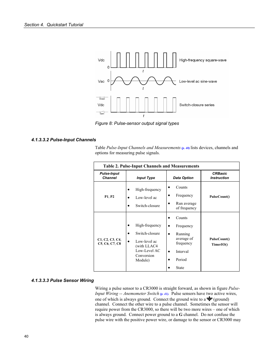 2 pulse-input channels, 3 pulse sensor wiring, Figure 8: pulse-sensor output signal types | Table 2. pulse-input channels and measurements | Campbell Scientific CR3000 Micrologger User Manual | Page 40 / 590