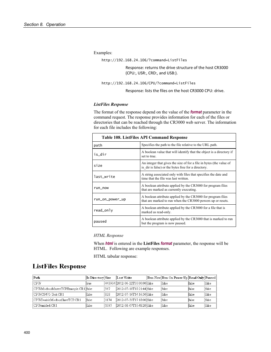 Table 108. listfiles api command response | Campbell Scientific CR3000 Micrologger User Manual | Page 400 / 590