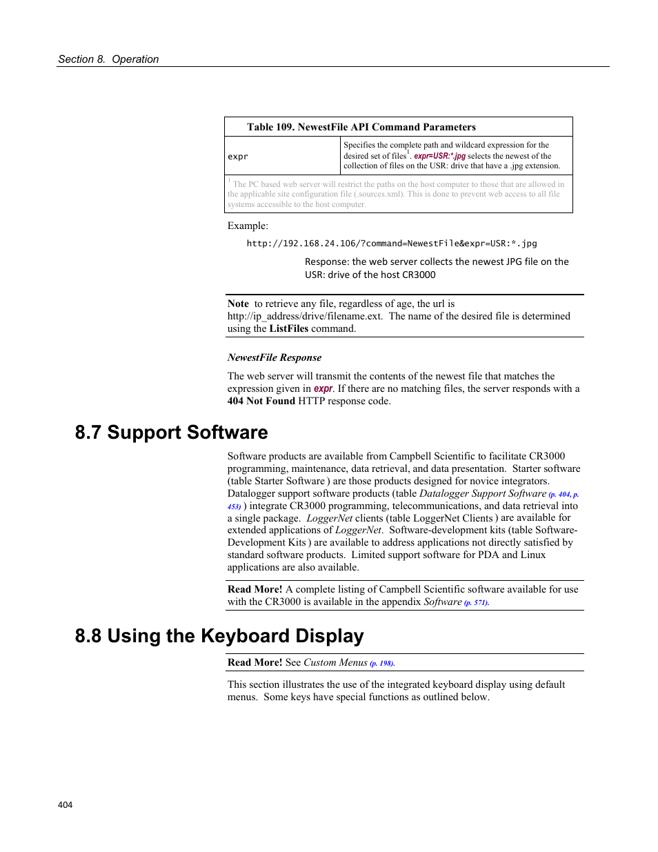 7 support software, 8 using the keyboard display, Table 109. newestfile api command parameters | Campbell Scientific CR3000 Micrologger User Manual | Page 404 / 590