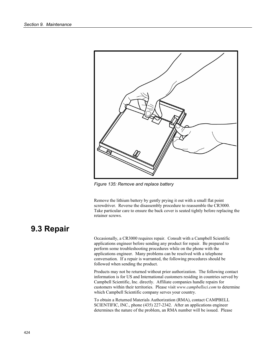 3 repair, Figure 135: remove and replace battery | Campbell Scientific CR3000 Micrologger User Manual | Page 424 / 590
