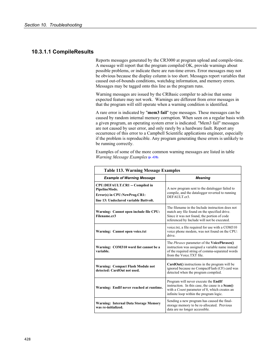 1 compileresults, Table 113. warning message examples | Campbell Scientific CR3000 Micrologger User Manual | Page 428 / 590