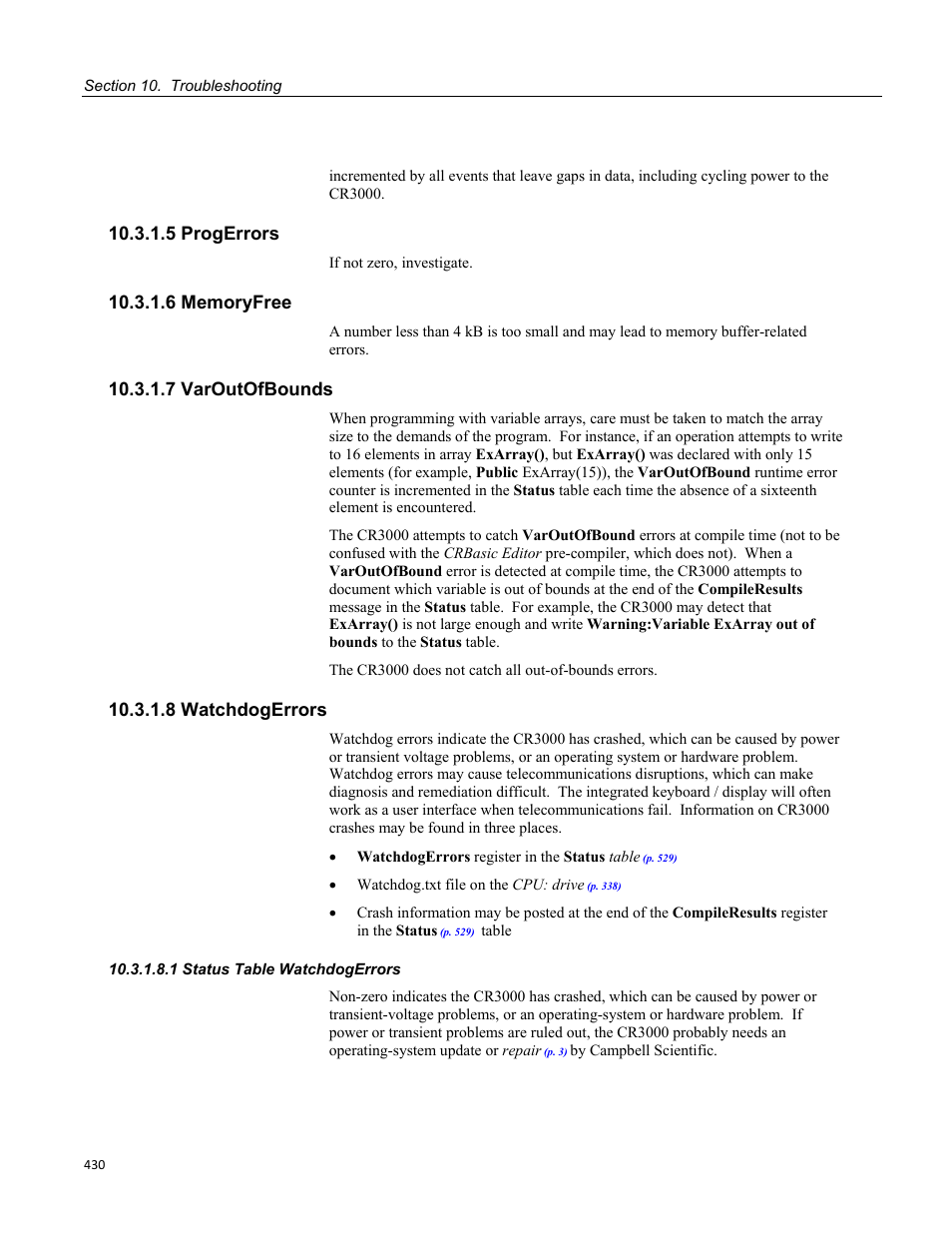 5 progerrors, 6 memoryfree, 7 varoutofbounds | 8 watchdogerrors, 1 status table watchdogerrors | Campbell Scientific CR3000 Micrologger User Manual | Page 430 / 590